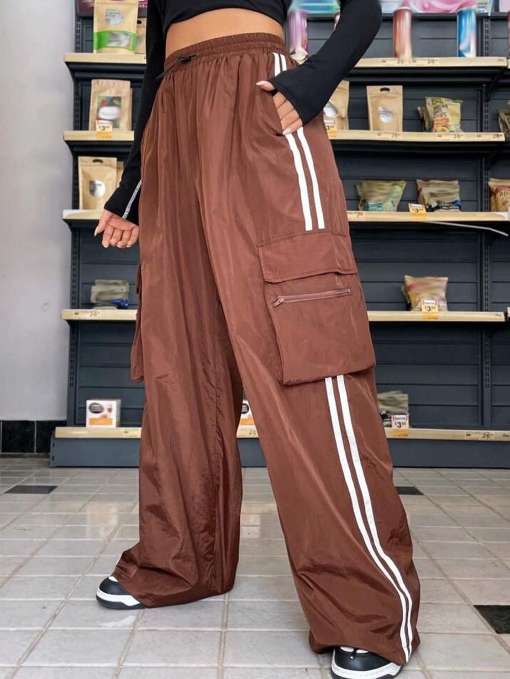 Wide-Leg Cargo Track Pants in Brown with White Stripes